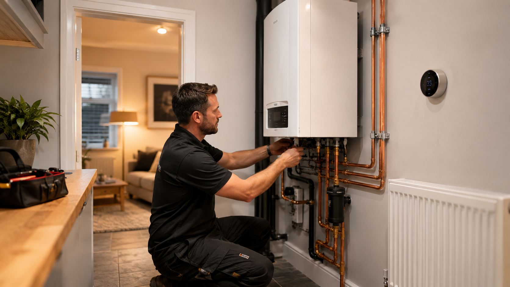 Sublime heating engineer installing central heating and boiler pipework