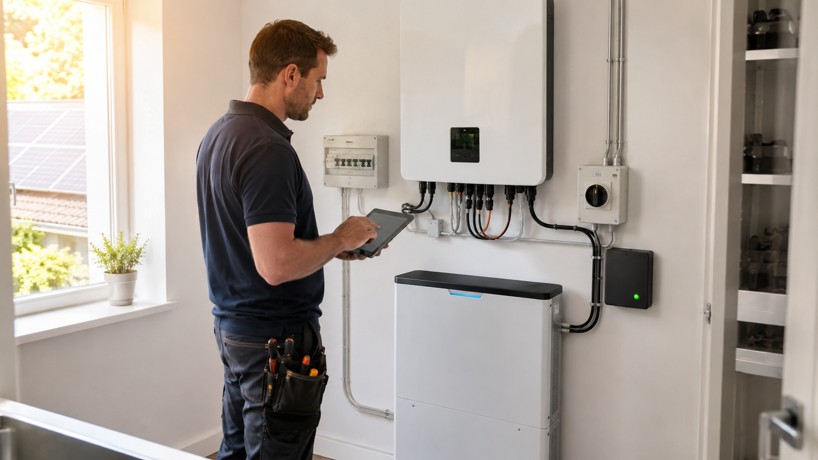 Sublime engineer checking solar inverter and battery equipment inside a UK home