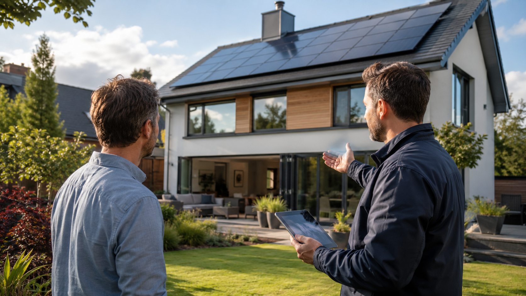 Sublime advisor explaining roof-mounted solar panels to a homeowner